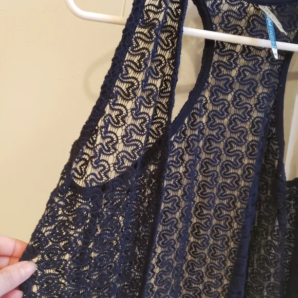 Wallflower knit lace detail, fringe bottom navy long vest shrug, shawl - Picture 2 of 6